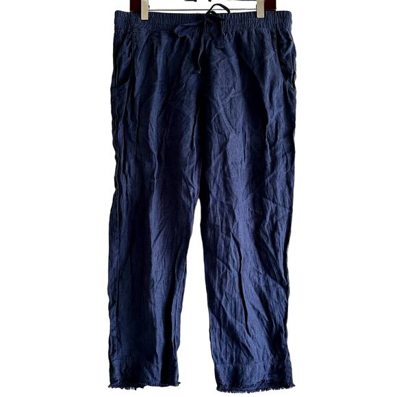 Cloth & Stone Linen Pants Raw Hem Drawstring Straight Leg Pull On Navy Blue M - Picture 1 of 4